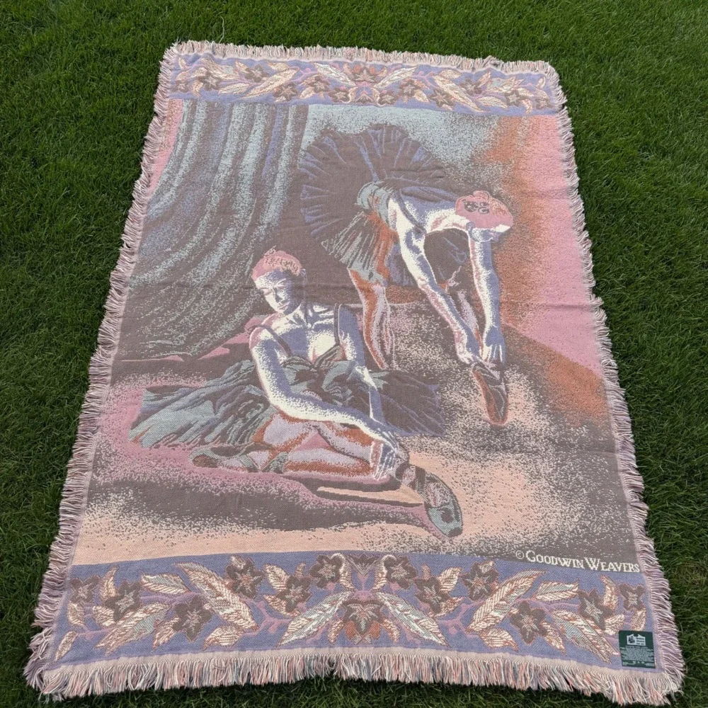 Vintage Goodwin Weavers Ballerina Woven Tapestry Throw Blanket Cotton Pink 68x48